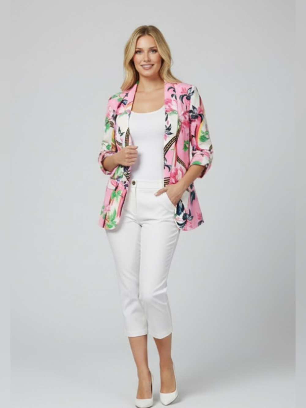 BLOOMLINE OPEN FRONT PINK FLORAL PRINT 3/4 SLEEVE BLAZER